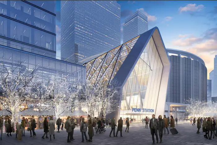 Renderings of the reimagined Penn Station showing much more open, airy spaces and green space outside